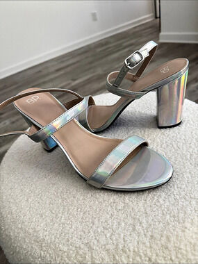 BP. Lula Block Heel Slide Sandal Silver